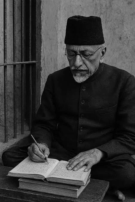 Monochrome depiction of Maulana Abul Kalam Azad writing in a notebook, seated beside barred windows.